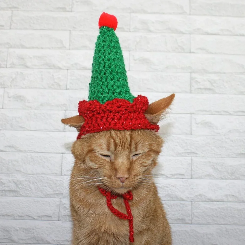 HAND CRAFTED Crochet Elf Cat Hat Costume Photo Prop Green Christmas Holiday - Picture 3 of 14
